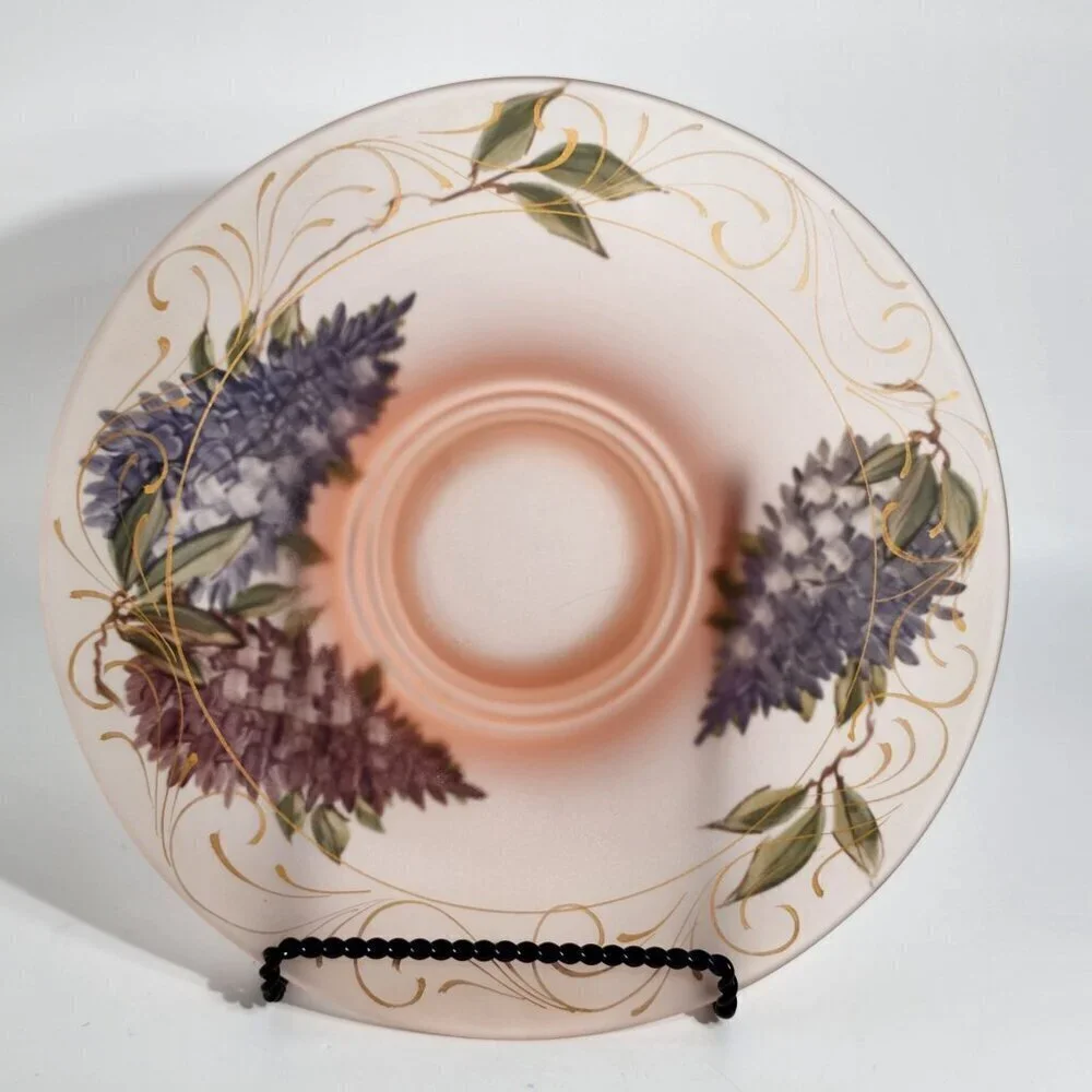 Pink Frosted Glass Bowl Hand Painted Purple Lavender Floral w/Gold Accents VTG